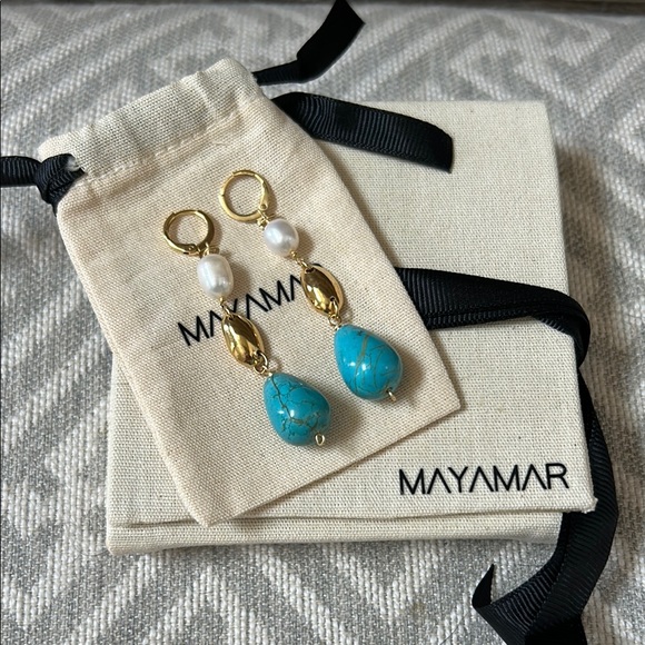Mayamar Jewelry - Mayamar 24K Gold Plated and Turquoise Drop Earrings with Cultured Pearl